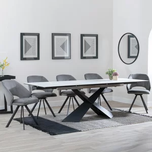View Get 2 chairs free - clearance - hayden extending dining set - 160cm-240cm - white ceramic - ion swivel chair - dark grey velvet fabric View Get 2 chairs free - clearance - hayden extending dining set - 160cm-240cm - white ceramic - ion swivel chair - dark grey velvet fabric
