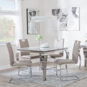 View Louis dining set - 4 seater - 100cm - square - grey marble & chrome - 4x bianco dining chairs - beige faux leather View Louis dining set - 4 seater - 100cm - square - grey marble & chrome - 4x bianco dining chairs - beige faux leather