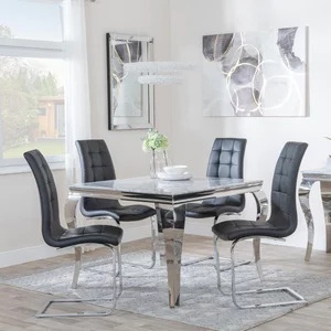 View Louis dining set - 4 seater - 100cm - square - grey marble & chrome - 4x jamison dining chairs - black faux leather View Louis dining set - 4 seater - 100cm - square - grey marble & chrome - 4x jamison dining chairs - black faux leather