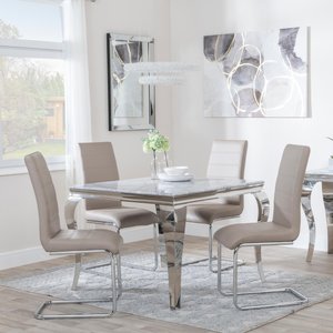 View Louis dining set - 4 seater - 100cm - square - grey marble & chrome - 4x roma dining chairs - beige faux leather View Louis dining set - 4 seater - 100cm - square - grey marble & chrome - 4x roma dining chairs - beige faux leather