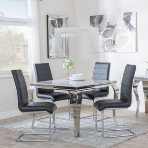 View Louis dining set - 4 seater - 100cm - square - grey marble & chrome - 4x roma dining chairs - black faux leather View Louis dining set - 4 seater - 100cm - square - grey marble & chrome - 4x roma dining chairs - black faux leather