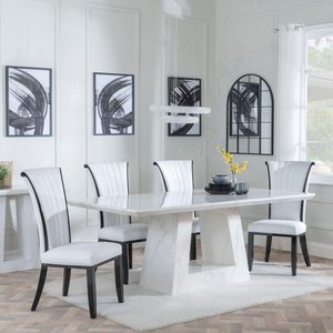 View Milan dining set - 6 seater - 160cm - white marble - cadiz dining chairs - white leather View Milan dining set - 6 seater - 160cm - white marble - cadiz dining chairs - white leather