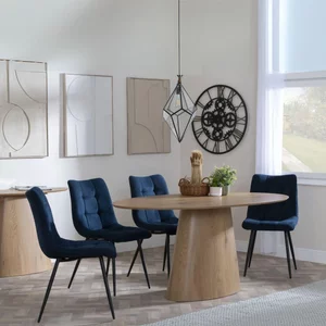 View Palma dining set - 6 seater - 180cm - oval - oak - corona dining chairs - blue fabric View Palma dining set - 6 seater - 180cm - oval - oak - corona dining chairs - blue fabric
