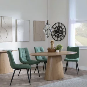 View Palma dining set - 6 seater - 180cm - oval - oak - corona dining chairs - green fabric View Palma dining set - 6 seater - 180cm - oval - oak - corona dining chairs - green fabric