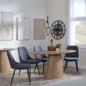 View Palma dining set - 6 seater - 180cm - oval - oak - darwin dining chairs - grey fabric View Palma dining set - 6 seater - 180cm - oval - oak - darwin dining chairs - grey fabric
