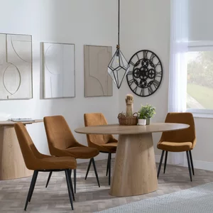 View Palma dining set - 6 seater - 180cm - oval - oak - darwin dining chairs - orange fabric View Palma dining set - 6 seater - 180cm - oval - oak - darwin dining chairs - orange fabric