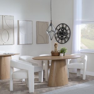 View Palma dining set - 6 seater - 180cm - oval - oak - kiefer dining chairs - cream boucle fabric View Palma dining set - 6 seater - 180cm - oval - oak - kiefer dining chairs - cream boucle fabric