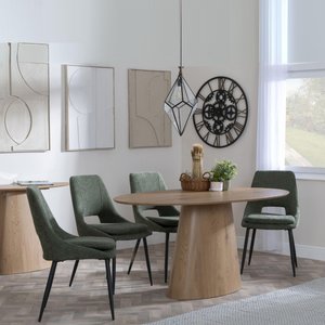 View Palma dining set - 6 seater - 180cm - oval - oak - peyton dining chairs - green fabric View Palma dining set - 6 seater - 180cm - oval - oak - peyton dining chairs - green fabric