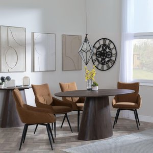 View Palma dining set - 6 seater - 180cm - oval - walnut - ace dining chairs - orange fabric - swivel View Palma dining set - 6 seater - 180cm - oval - walnut - ace dining chairs - orange fabric - swivel
