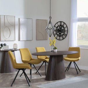 View Palma dining set - 6 seater - 180cm - oval - walnut - boden dining chairs - yellow fabric - swivel View Palma dining set - 6 seater - 180cm - oval - walnut - boden dining chairs - yellow fabric - swivel