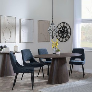 View Palma dining set - 6 seater - 180cm - oval - walnut - peyton dining chairs - blue fabric View Palma dining set - 6 seater - 180cm - oval - walnut - peyton dining chairs - blue fabric