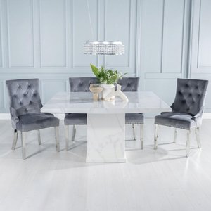 View Turin dining set - 8 seater - 140cm - square - white marble - knocker back dining chairs - grey fabric - chrome legs View Turin dining set - 8 seater - 140cm - square - white marble - knocker back dining chairs - grey fabric - chrome legs