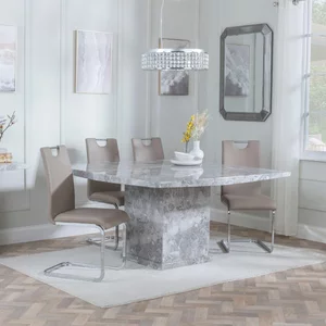 View Clearance - turin dining set - 8 seater - 140cm - square - grey marble - bianco dining chairs - beige faux leather View Clearance - turin dining set - 8 seater - 140cm - square - grey marble - bianco dining chairs - beige faux leather