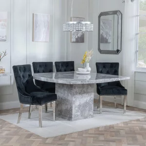 View Clearance - turin dining set - 8 seater - 140cm - square - grey marble - knocker back dining chairs - black velvet fabric - chrome legs View Clearance - turin dining set - 8 seater - 140cm - square - grey marble - knocker back dining chairs - black velvet fabric - chrome legs