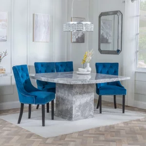 View Clearance - turin dining set - 8 seater - 140cm - square - grey marble - knocker back dining chairs - blue velvet fabric - black wooden legs View Clearance - turin dining set - 8 seater - 140cm - square - grey marble - knocker back dining chairs - blue velvet fabric - black wooden legs