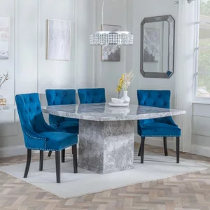 View Clearance - turin dining set - 8 seater - 140cm - square - grey marble - lion knocker back dining chairs - blue velvet fabric - black wooden legs View Clearance - turin dining set - 8 seater - 140cm - square - grey marble - lion knocker back dining chairs - blue velvet fabric - black wooden legs