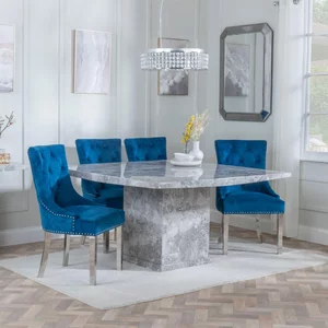 View Clearance - turin dining set - 8 seater - 140cm - square - grey marble - lion knocker back dining chairs - blue velvet fabric - chrome legs View Clearance - turin dining set - 8 seater - 140cm - square - grey marble - lion knocker back dining chairs - blue velvet fabric - chrome legs