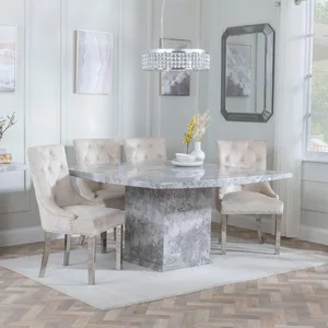 View Clearance - turin dining set - 8 seater - 140cm - square - grey marble - lion knocker back dining chairs - champagne velvet fabric - chrome legs View Clearance - turin dining set - 8 seater - 140cm - square - grey marble - lion knocker back dining chairs - champagne velvet fabric - chrome legs