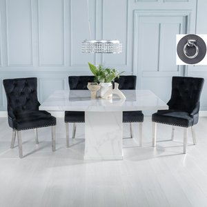 View Turin dining set - 8 seater - 140cm - square - white marble - knocker back dining chairs - black fabric - chrome legs View Turin dining set - 8 seater - 140cm - square - white marble - knocker back dining chairs - black fabric - chrome legs