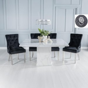 View Turin dining set - 8 seater - 140cm - square - white marble - lion head ring back dining chairs - black fabric - chrome legs View Turin dining set - 8 seater - 140cm - square - white marble - lion head ring back dining chairs - black fabric - chrome legs