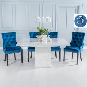 View Turin dining set - 8 seater - 140cm - square - white marble - knocker back dining chairs - blue fabric - black legs View Turin dining set - 8 seater - 140cm - square - white marble - knocker back dining chairs - blue fabric - black legs