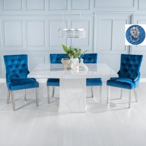 View Turin dining set - 8 seater - 140cm - square - white marble - lion head ring back dining chairs - blue fabric - chrome legs View Turin dining set - 8 seater - 140cm - square - white marble - lion head ring back dining chairs - blue fabric - chrome legs