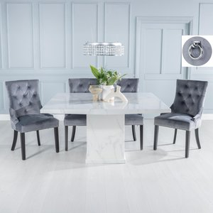 View Turin dining set - 8 seater - 140cm - square - white marble - knocker back dining chairs - grey fabric - black legs View Turin dining set - 8 seater - 140cm - square - white marble - knocker back dining chairs - grey fabric - black legs