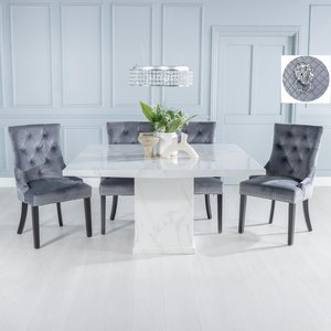 View Turin dining set - 8 seater - 140cm - square - white marble - lion head ring back dining chairs - grey fabric - black legs View Turin dining set - 8 seater - 140cm - square - white marble - lion head ring back dining chairs - grey fabric - black legs