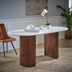 View Opal fluted dining table - 6 seater - 170cm - double pedestal - white marble top - mango wood View Opal fluted dining table - 6 seater - 170cm - double pedestal - white marble top - mango wood