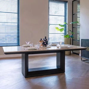 View Claremont dining table - 230cm - 8 seater - pedestal - brown - travertine top