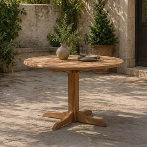 View Outdoor dining table - 90cm - 2 seater - round - pedestal - natural - teak wood
