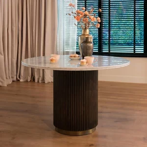View Mayfield white marble top 4 seater round dining table - dark wood fluted pedestal base