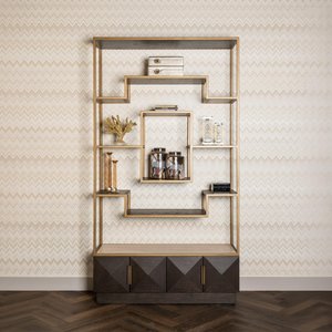View Claremont dark wood storage geometric shelving unit with travertine top