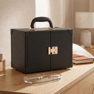 View Artificial jewellery case - with handle - black - leather and wood