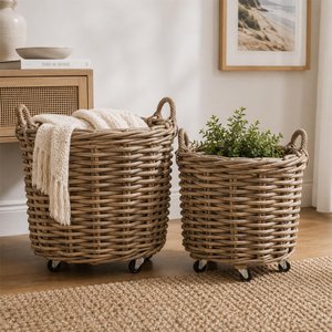 View Basket - set of 2 - round - on wheels - natural - rattan and bamboo wood