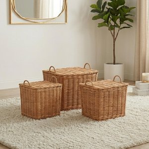 View Storage basket - set of 3 - with handles - natural - wicker and bamboo wood