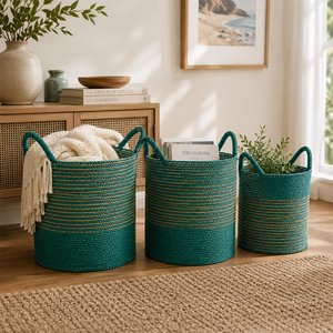 View Striped basket - set of 3 - round - natural and dark green - raffia