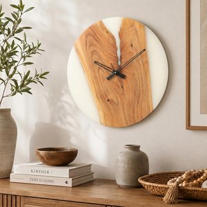 View Modern wall clock - round - natural and white - acacia wood