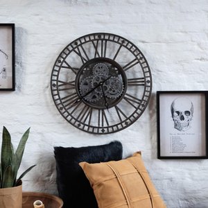 View Roman numerals visible mecanism wall clock - round - antique grey - metal