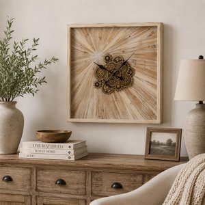 View Wall clock - square - large - light beige - wood View Wall clock - square - large - light beige - wood