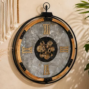 View Wall clock - with cogs - round - wood and marble effect