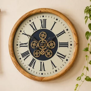 View Wall clock - with cogs - round - wood and metal
