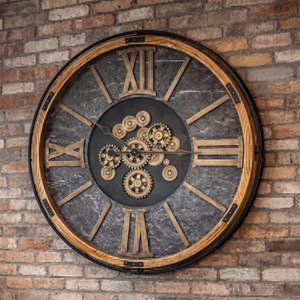 View Wall clock - with cogs - round - gold and black - wood and marble effect