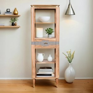 View Wilton bookcase - 1 drawer - slim - open - ribbed - gold trim - acacia wood