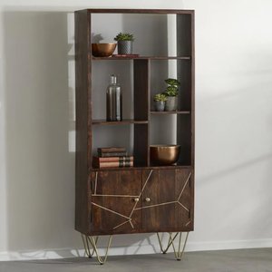View Bookcase - with cupboard - hairpin legs - gold geometric inlay - dark mango wood