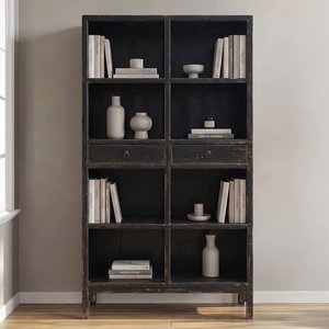 View Unique one of a kind - distressed bookcase - 2 drawer - vintage black - wooden
