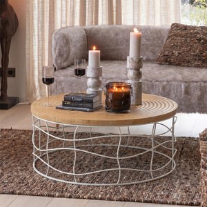 View Carving coffee table - round - natural and white - pine wood and metal