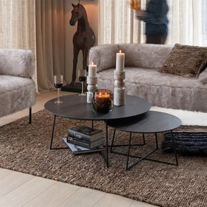 View Coffee table - round - 2 tier - black - teak wood and metal View Coffee table - round - 2 tier - black - teak wood and metal