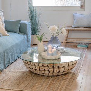 View Discs open coffee table - round - large - natural - glass and teak wood