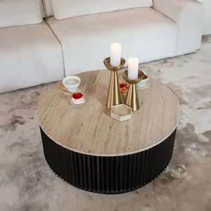 View Hampton travertine beige top round coffee table with black fluted base